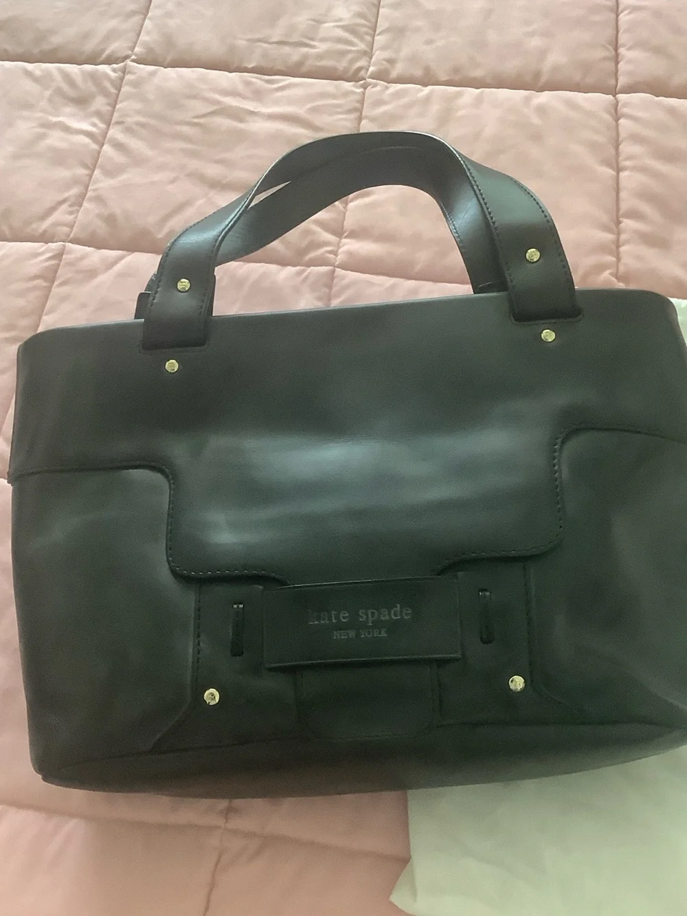 kate spade black leather tote with gold hardware